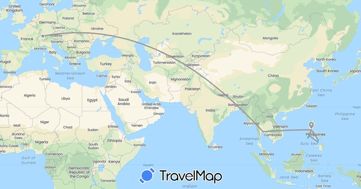 TravelMap itinerary: driving, plane, boat in Switzerland, Philippines, Thailand (Asia, Europe)